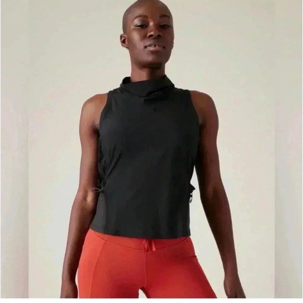 Athleta Venture Out Tank Black High Neck Sleeveless Cinch Waist Top Pockets New
